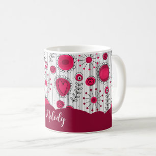 Taza De Café Espectaculares corazones rojos blancos flores nomb