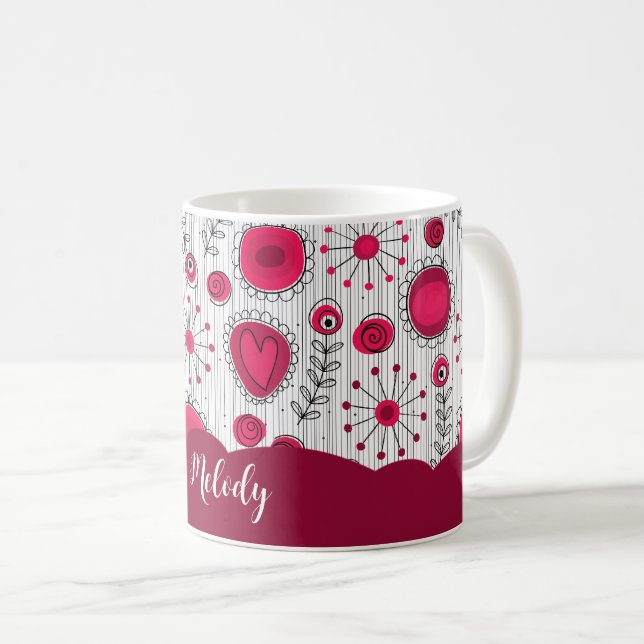 Taza De Café Espectaculares corazones rojos blancos flores nomb (Anverso derecho)