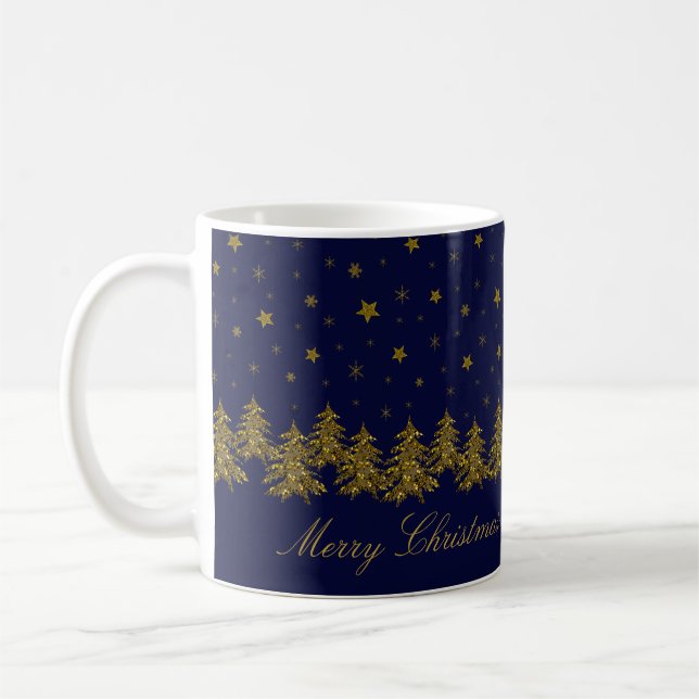 Taza De Café Espeluznante árbol de Navidad dorado, luna, estrel (Izquierda)