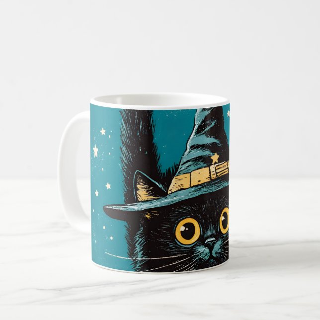 Taza De Café Espeluznante Bruja de gato negro volador (Anverso izquierdo)