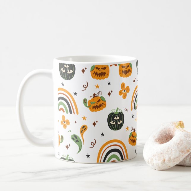 Taza De Café Espeluznante patrón de Halloween de Boho (Con donut)