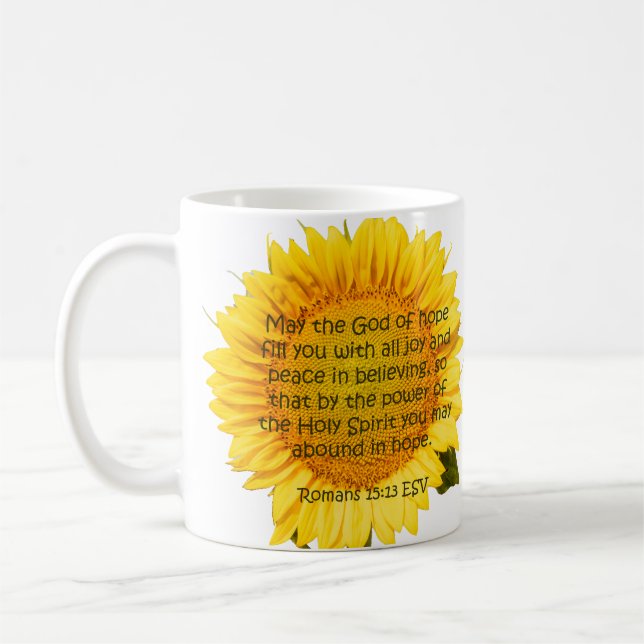 Taza De Café Esperanza florece: Romanos 15:13 Sunflower Mug (Izquierda)
