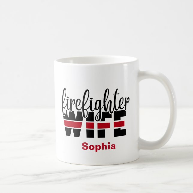 Taza De Café Esposa de bombero delgada línea roja personalizada (Derecha)