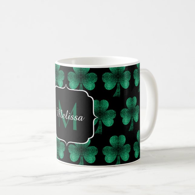 Taza De Café Espuma verde esmeralda Shamrock negro Monograma (Anverso derecho)