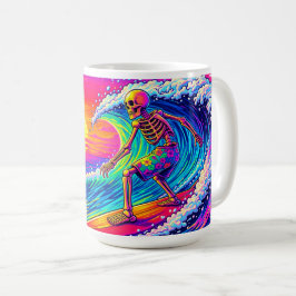 Taza De Café Esqueleto de neón surfeando puesta de sol colorida