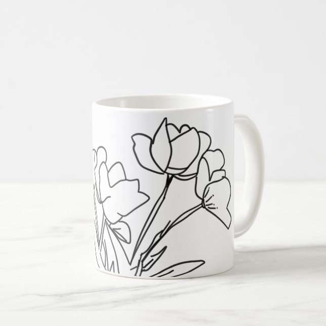 Taza De Café Esquema de flor en blanco y negro (Anverso derecho)