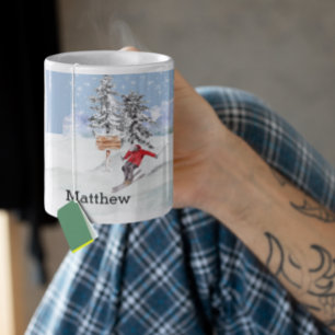 Taza De Café Esquí Esquiador Nieve Nombre Personalizado Acuarel