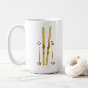 Taza De Café Esquíes De Oro Y Pollos Ilustracion de esquí de