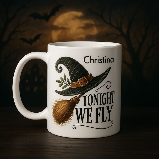 Taza De Café Esta noche volamos con gorra y bruja de escoba (Subido por el creador)