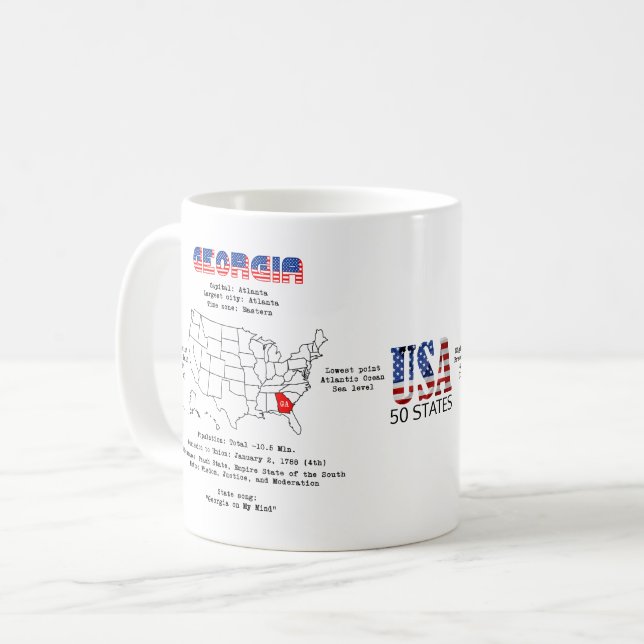 Taza De Café Estado georgiano-estadounidense en un mapa e infor (Anverso izquierdo)