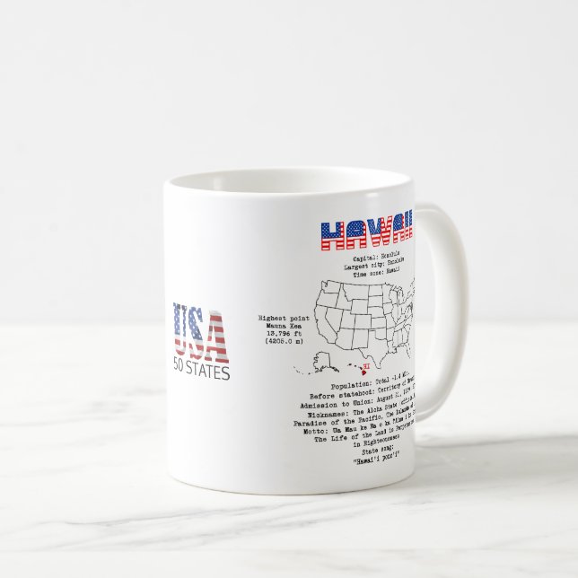 Taza De Café Estado hawaiano-americano en un mapa e información (Anverso derecho)