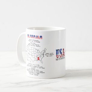Taza De Café Estado norteamericano de Alabama en un mapa e info