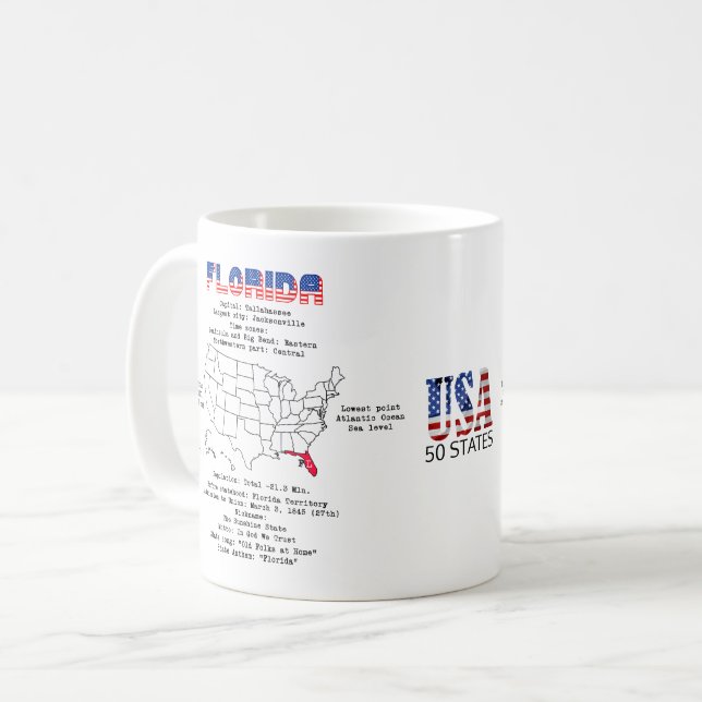 Taza De Café Estado norteamericano de Florida en un mapa e info (Anverso izquierdo)