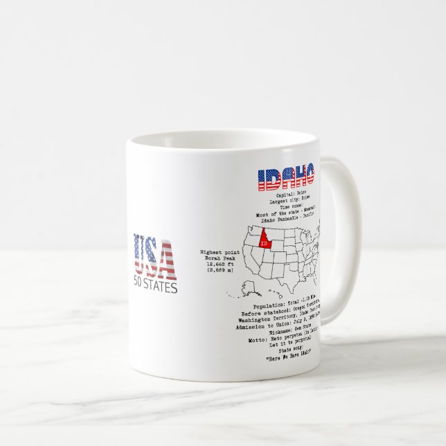 Taza De Café Estado norteamericano de Idaho en un mapa e inform (Anverso derecho)