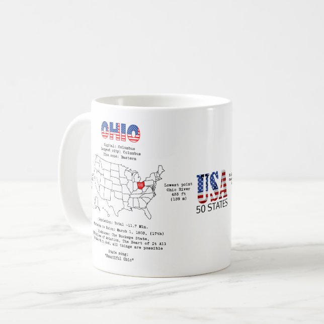 Taza De Café Estado norteamericano de Ohio en un mapa e informa (Anverso izquierdo)