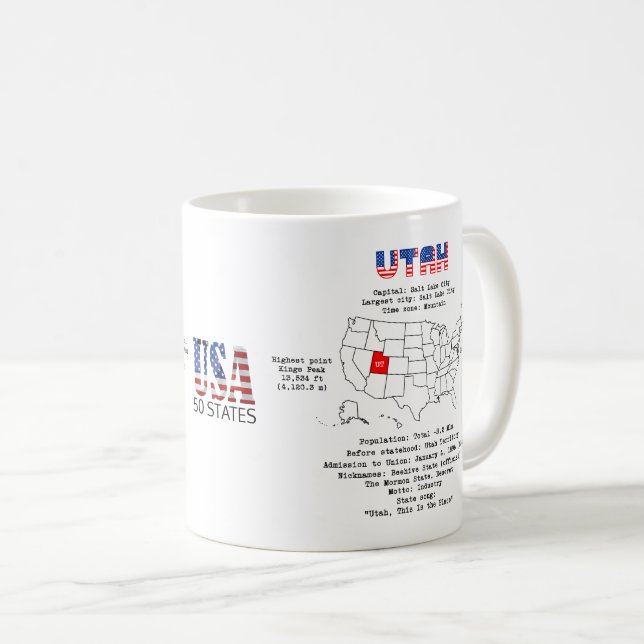 Taza De Café Estado norteamericano de Utah en un mapa e informa (Anverso derecho)