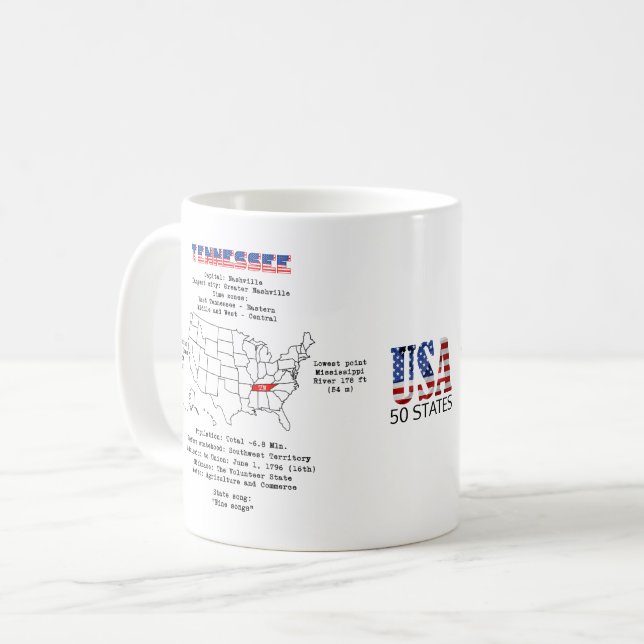 Taza De Café Estado norteamericano tennessee en un mapa e infor (Anverso izquierdo)