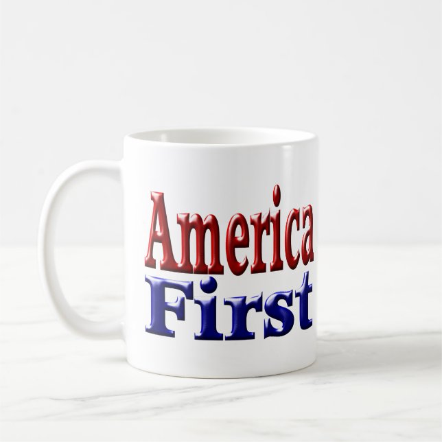 Taza De Café Estados Unidos primero con texto rojo y azul (Izquierda)