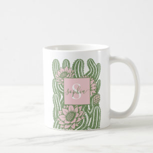 Taza De Café Estampa de linóleo de cactus retorcido floreciendo