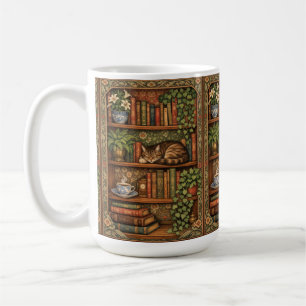 Taza De Café Estante de libros antiguos con gato y café