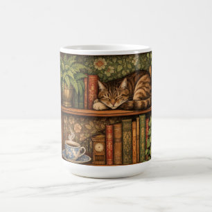 Taza De Café Estantería de libros antiguos con gato y café
