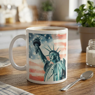 Taza De Café Estatua de la Libertad con acuarela y bandera amer