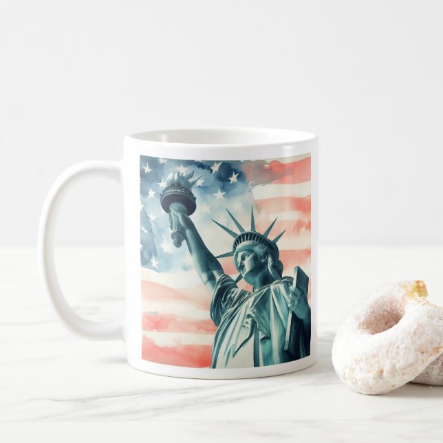 Taza De Café Estatua de la Libertad con bandera estadounidense (Con donut)