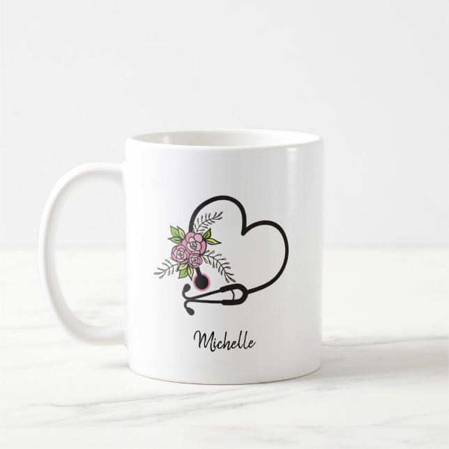 Taza De Café Estetioscopio floral Enfermera personalizada para  (Izquierda)