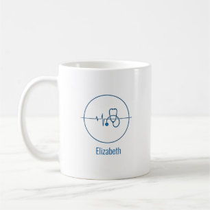 Taza De Café Estetoscopio Médico Azul Latido de Corazón Nombre 