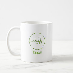 Taza De Café Estetoscopio médico verde Latido del corazón Nombr