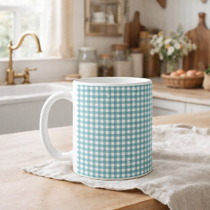Taza De Café Estilo Cottagecore de Cuadros de Gingham Verde Azu
