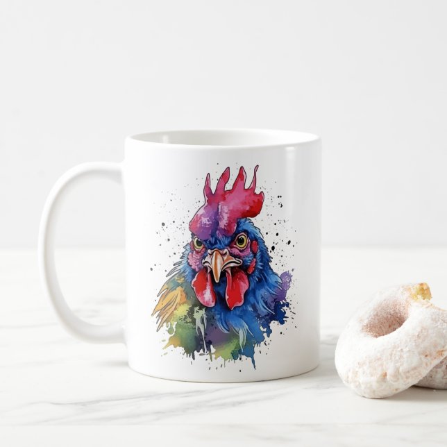 Taza De Café Estilo de acuarela de pollo de gallo de campo (Con donut)
