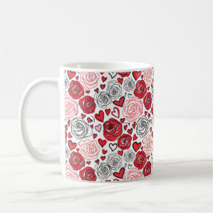 Taza De Café Estilo de Arte Doodle Rosas Rosadas Corazones San