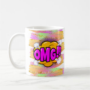 Taza De Café Estilo de comedia Pop Retro Amarillo Morado OMG Ar