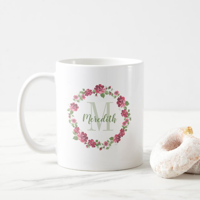Taza De Café Estilo de la cabaña Rosas rosa floral Monograma de (Con donut)
