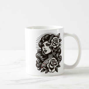 Taza De Café Estilo de tatuaje vintage Lady gitana _1