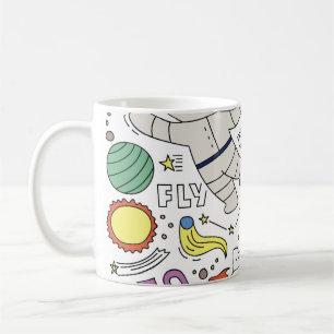 Taza De Café Estilo Doodle, ilustracion temático espacial.