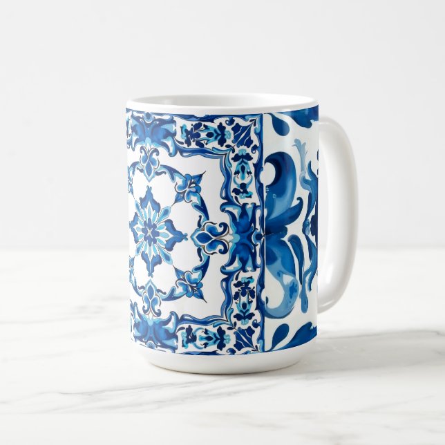 Taza De Café estilo italiano, mediterráneo, mosaico, azul, (Anverso derecho)