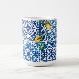 Taza De Café estilo italiano, mediterráneo, mosaico, azul, limó