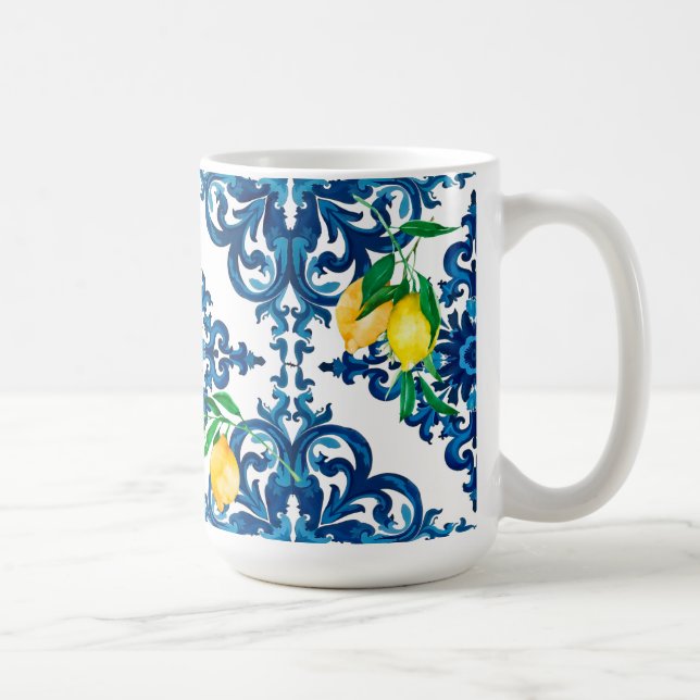 Taza De Café estilo italiano, mosaico, azul, limón, (Derecha)
