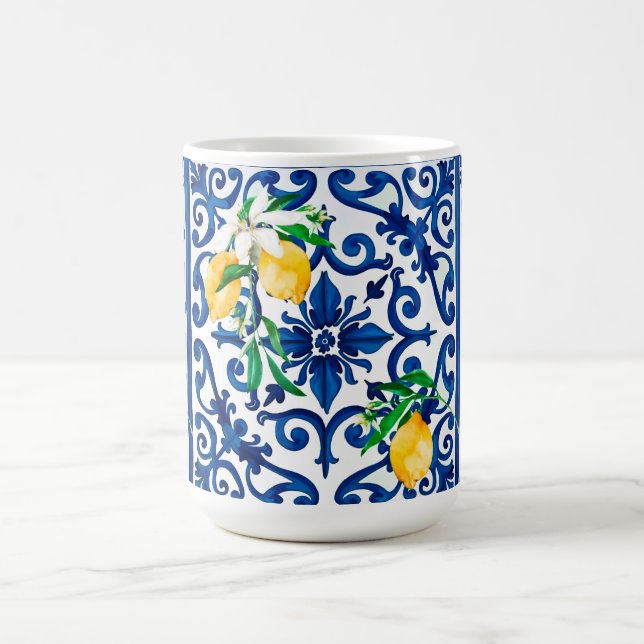 Taza De Café estilo italiano, mosaico, azul, limón, (Centro)