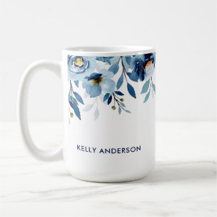 Taza De Café Estiloso Monograma Floral Acuarela Azul