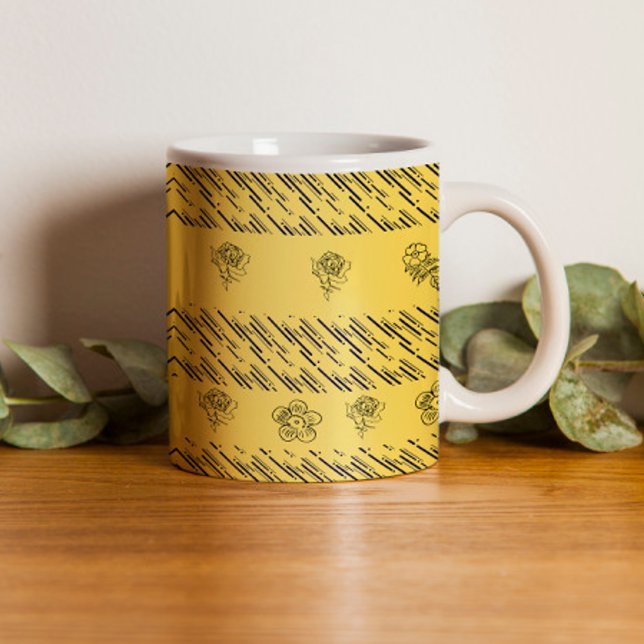Taza De Café Estiloso raya azul y flores negras sobre amarillo (Subido por el creador)
