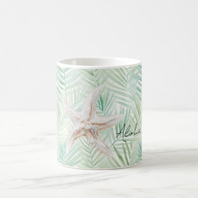 Taza De Café Estrella de mar hojas tropicales verdes (Centro)