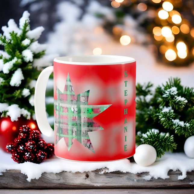 Taza De Café Estrella festiva tartán nombre de guión rojo blanc (Subido por el creador)