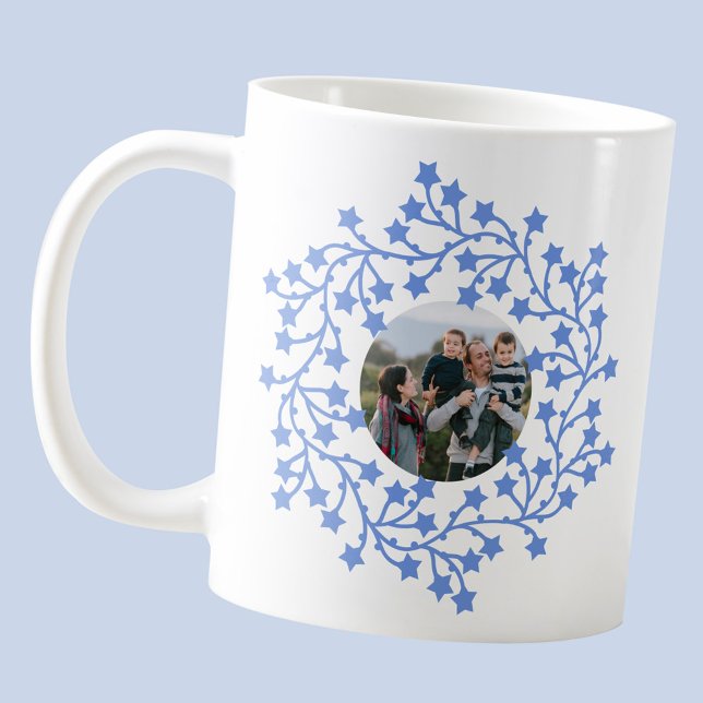 Taza De Café Estrella fotográfica Wreath Scandinavian (Modern Scandinavian star wreath garland personalized photo Christmas holiday keepsake coffee mug)