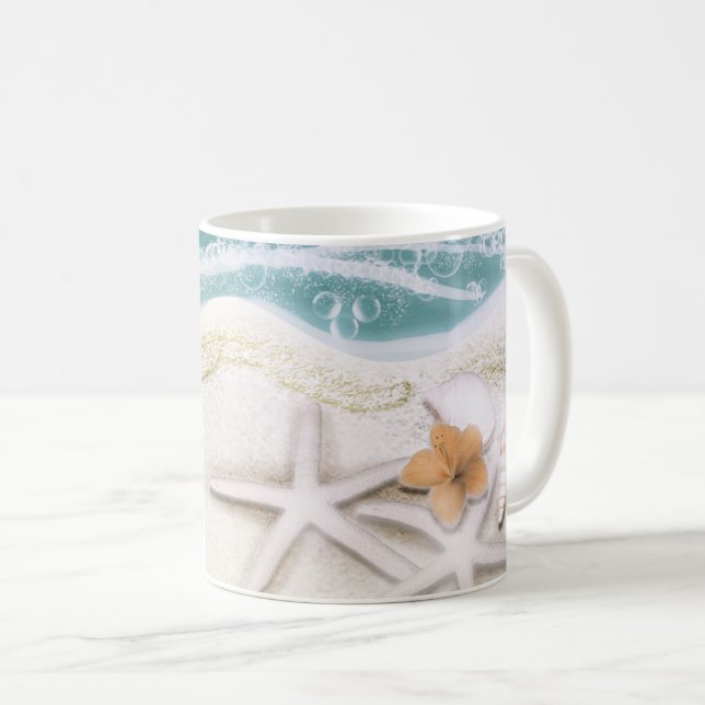 Taza De Café Estrellas de mar en la playa agua de mar teal trop (Anverso derecho)