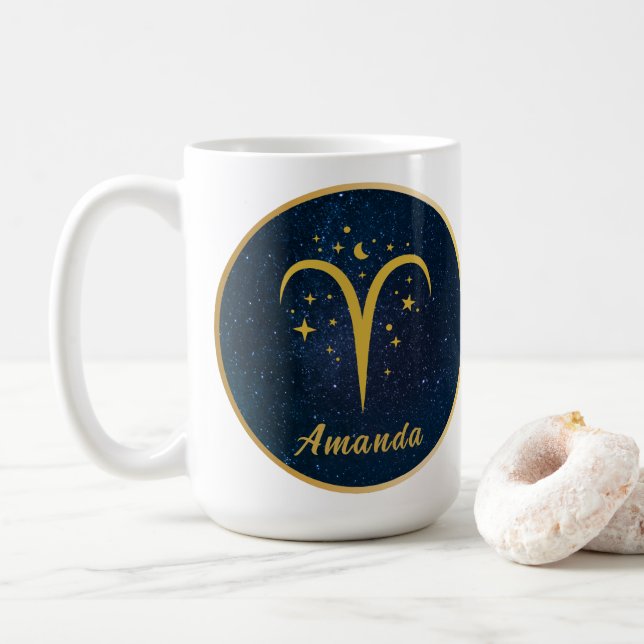 Taza De Café Estrellas de símbolo zodiaco oro de Aries personal (Con donut)