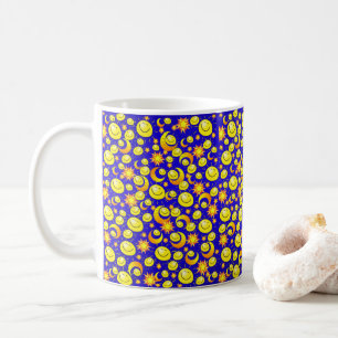 Taza De Café Estrellas lunares amarillas, azul