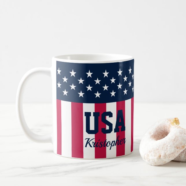 Taza De Café Estrellas personalizados en franjas café azul rojo (Con donut)